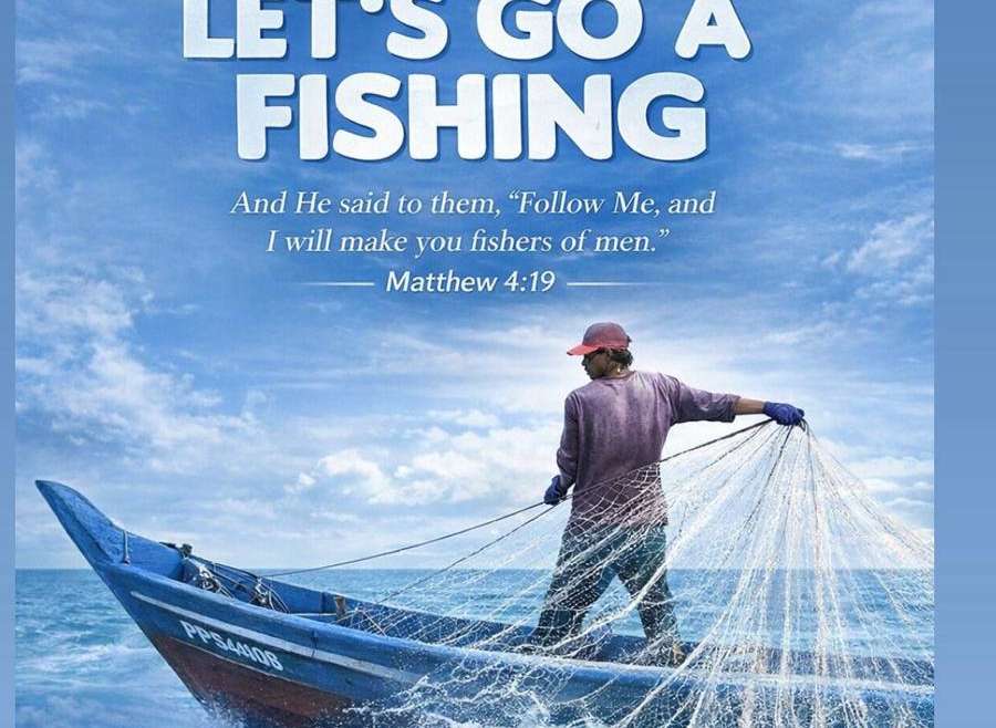 RCCG Westwood evangelism event flyer titled “Let’s Go A-Fishing,” showing a fisherman casting a net at sea with event details for December 25, 2025, at 55 Washington Street, Westwood, MA.